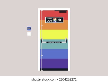 A coming out scenario stylized as an emergency exit door with a character on a sign running through a rainbow doorway