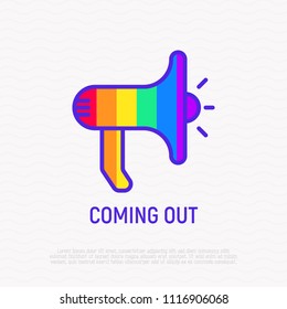 Coming out thin line icon: magaphone in rainbow colors. LGBT symbol. Modern vector illustration.