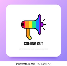 Icono de línea delgada que sale: magaphone en colores arcoiris. Símbolo LGBTQ+. Ilustración vectorial moderna.