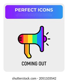 Coming out thin line icon: magaphone in rainbow colors. LGBTQ+ symbol. Modern vector illustration.