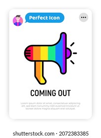 Coming out thin line icon: magaphone in rainbow colors. LGBTQ+ symbol. Modern vector illustration.
