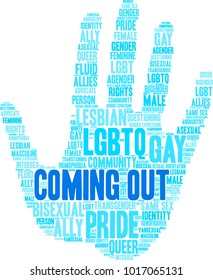 Coming Out word cloud on a white background. 
