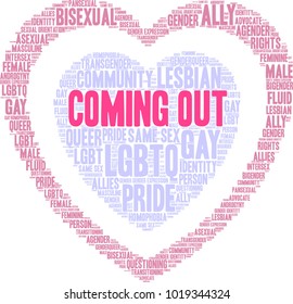 Coming Out word cloud on a white background. 