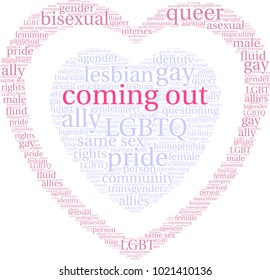 Coming Out word cloud on a white background. 