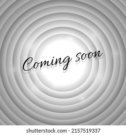Coming soon advertisement text on white circle retro cinema screen. Black title on old movie background. Promotion message noir poster. Vector eps illustration