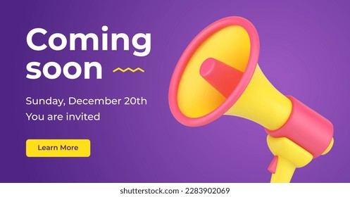 Coming soon advertising landing page user interface with place for text megaphone 3d icon promo banner vector illustration. Public event marketing invitation loudspeaker announcement sale, discount