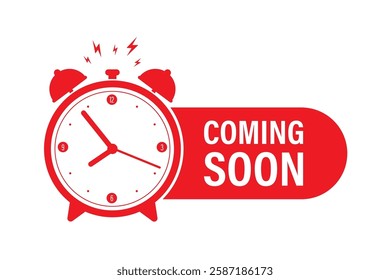 Coming soon alarm clock red icon. Web element, banner template. Round watch. Waiting time. Timepiece with hour arrows. Announcement flyer design. flat vector illustration