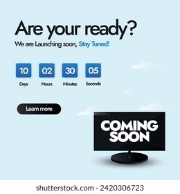 Coming soon. Coming soon announcement banner in cyan background with a black computer screen and countdown clock. Are you ready?, stay tuned. Coming soon announcement conceptual minimal banner. 