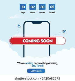 Coming soon. Coming soon announcement banner with mobile phone screen with coming soon written in a loading bar and a countdown counter with days, hours, minutes, seconds. Launching soon, card, banner