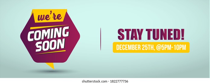 Coming soon announcement banner. we are coming soon cover for social media facebook in yellow and purple color with cyan background. opening soon announcement cover banner for social media.