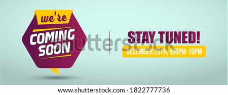 Coming soon announcement banner. we are coming soon cover for social media facebook in yellow and purple color with cyan background. opening soon announcement cover banner for social media.