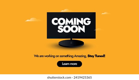 Coming soon. Coming soon announcement cover banner in dark yellow background with a black computer screen. New product launching soon, stay tuned. Coming soon announcement conceptual minimal banner. 