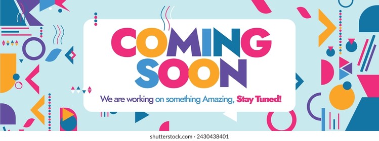 Coming Soon. Coming soon announcement cover banner with colourful text and abstract retro elements on cyan background. Coming soon banner, flyer, card design. New business launching concept. 