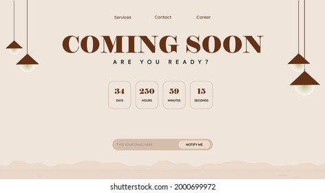 Coming Soon Announcement Facebook Or Twitter Cover With Days And Time Counter. Coming Soon, Stay Tuned Banner With Light Brown  Background And Hanging Lamps, Live Counter. Coming Soon Cover Template