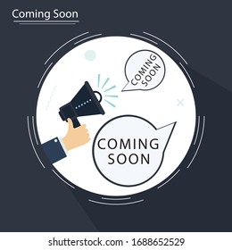 COMING SOON Announcement. Hand Holding Megaphone With Speech Bubble.