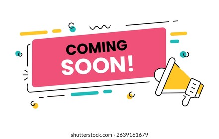 Coming soon announcement with a megaphone graphic. This image features coming soon, announcement, megaphone, graphic, vector.