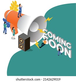 Coming soon announcement with a megaphone isometric 3d vector illustration concept for banner, website, illustration, landing page, template, etc
