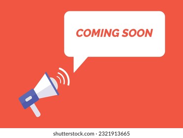 Próximamente anuncio burbuja de habla con megáfono, próximamente burbuja de texto de voz ilustración vector