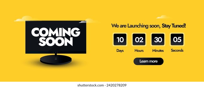 Coming soon. Coming soon announcement web cover banner in dark yellow background with a black computer screen and countdown clock with days, hours, minutes and seconds . Launching soon, stay tuned. 