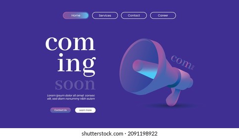 coming soon announcement web page. coming soon stay tuned web page template with mega phone icon. complete web page template with neon purple shade. web page complete template