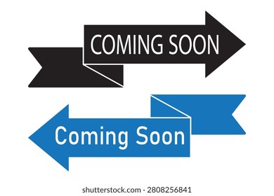 Coming Soon Arrow Banner Template Collection. Creative black and blue vector design with folded ribbon for web, app, and business promotions.