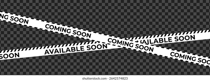 Coming Soon Available Soon Banner Tape with Transparent Background for Product Launch, Website Under Construction, Sale Promotion, Marketing Mockup, and Business Announcement. Vector Illustration.
