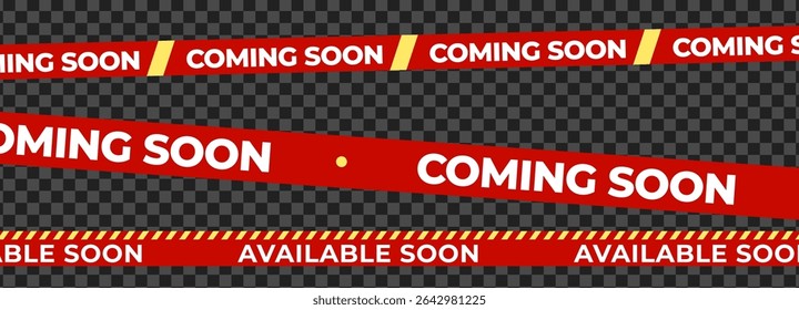 Coming Soon Available Soon Banner Tape, mixed ribbon styles for shop opening, sale launch, retail notice, marketing campaign. Product promotional clearance. Vector Illustration