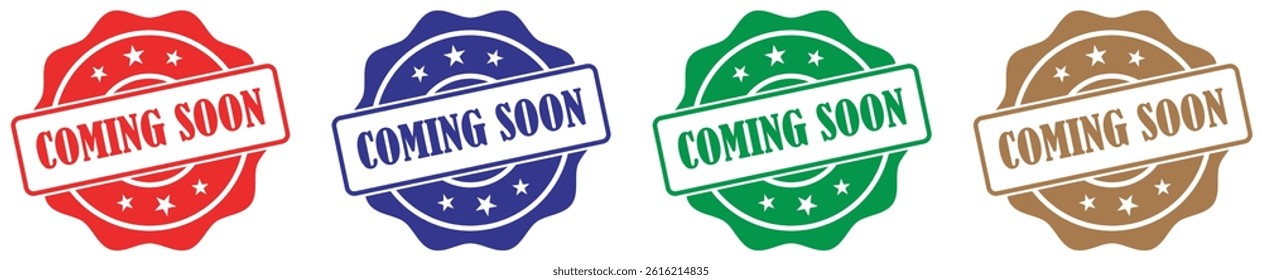 Coming Soon Badge set featuring bold stamp marks with clear text, round seal shapes, colored emblem labels, and clean circle stamps used for highlighting upcoming items.