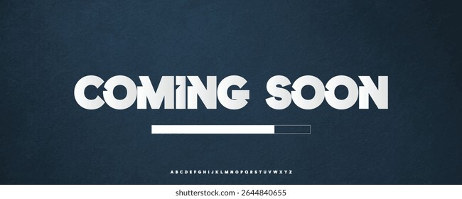 Coming Soon Banner With Bold Geometric Font, Progress Bar, And Dark Blue Textured Background. Great For Website Launches, Teasers, Or Loading Screens. Vector Illustration.
