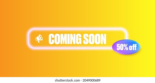 coming soon banner or button on the orange modern background. Coming soon sign isolated on yellow layout