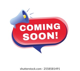 Coming soon banner element, speech bubble icon with megaphone flat style design. vector template.