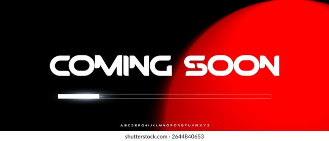 Coming Soon Banner With Futuristic Font, Glowing Progress Bar, And Red Light Background. Ideal For Website Launch Pages Or Game Screens. Vector Illustration.