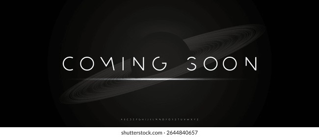 Coming Soon Banner Futuristic Minimal Font, Dark Saturn Planet Rings Background, Light Glow Effect. Ideal For SciFi Projects, Launch Conference, Digital Forum, Modern Games. Vector Illustration