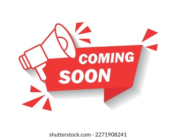 Coming soon banner icon in flat style. Promotion label vector illustration on isolated background. Open poster sign business concept.