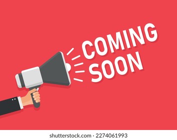 Coming soon banner icon in flat style. Promotion label vector illustration on isolated background. Open poster sign business concept.