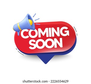 Coming soon banner with megaphone 3d icon. Promotion offer speech bubble with loudspeaker. New announcement chat bubble. Coming soon website banner with bullhorn. Vector