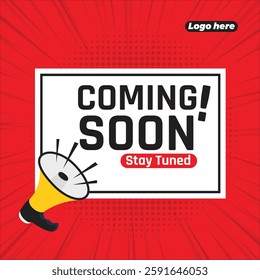 Coming soon banner with megaphone creative background, Coming Soon Speechbubble Advertising With Megaphone Icon,
Product opening festival vector background.