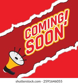 Coming soon banner with megaphone creative background, Coming Soon Speechbubble Advertising With Megaphone Icon,
Product opening festival vector background.