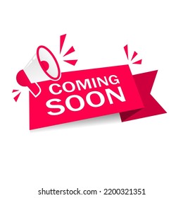 Coming soon - banner. Megaphone icon. Web Label Element. Flat vector design.