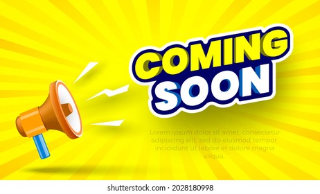 Coming soon banner with megaphone on yellow striped background. Vector illustration.