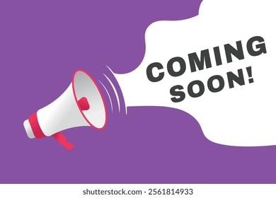 Coming soon banner modern sign Vector speech bubble design. Web element or tag with megaphone.