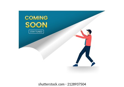 Coming soon banner on corner peeled flip paper fold vector illustration