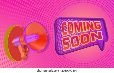  Coming soon banner template with realistic megaphone and sunburst background for online shop