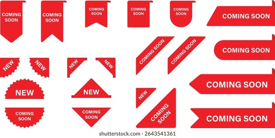 Coming Soon Banners, Stickers and Tags Red Vector Shop Signs and Ribbons, New Releases