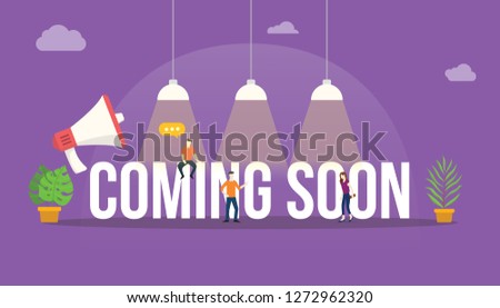 coming soon big word text with people team around the text with big lamp shine - vector