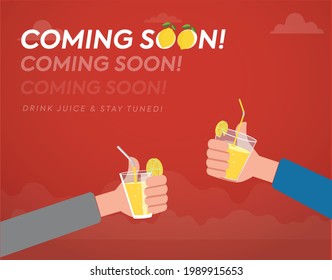 Coming Soon. Bistro And Bar Opening Announcement Banner And Facebook, Twitter Post Template. Two People Holding Glass Of Fresh Lemonade. Bar Restaurant Opening Soon.