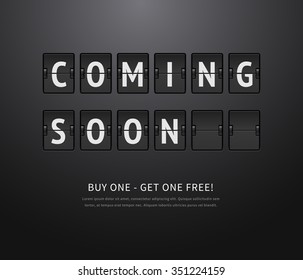 Coming soon. Black flip board, analog scoreboard on dark background. Vector illustration of flip countdown calendar to promotion