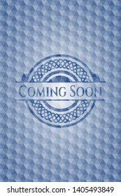 Coming Soon blue hexagon emblem. Vector Illustration. Detailed.
