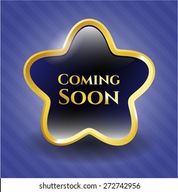 Coming soon blue shiny badge withj blue background