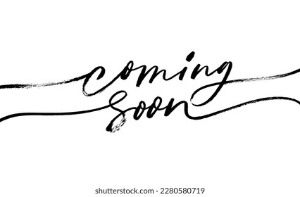 Coming soon brush calligraphic lettering with swashes. Promotion banner with cursive text. Hand drawn calligraphy words. Announcement modern vector banner. Design text element. Black paint lettering.